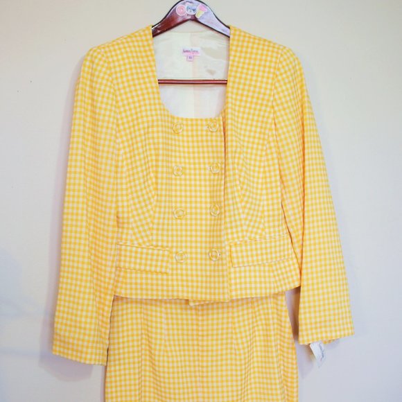 70s deadstock Neiman Marcus wool yellow plaid 2pc coord blazer skirt suit set - Picture 2 of 10